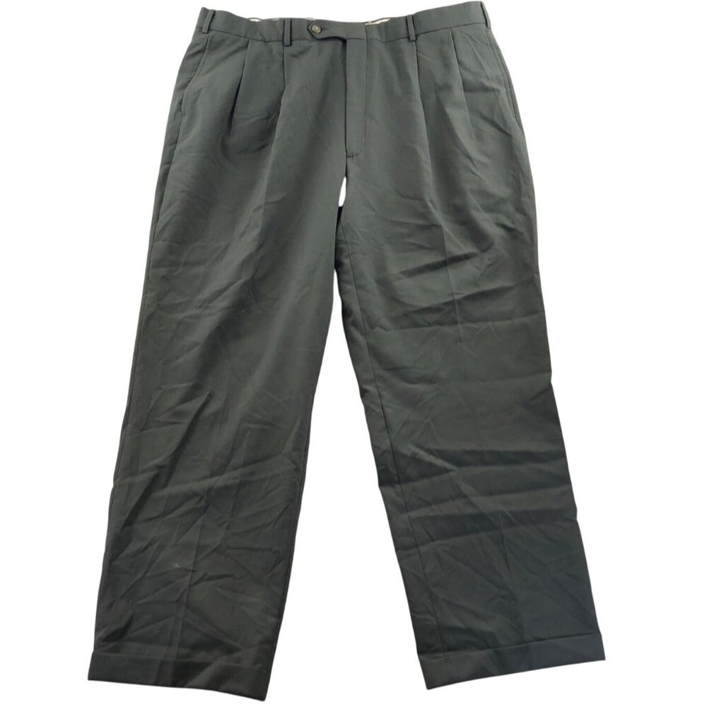 Lands End Mens Dress Pants Size 40R Green 100% Wool Pleated Cuffed Straight Leg
